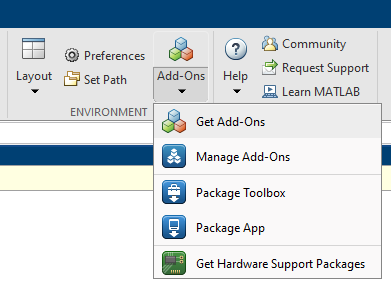 Accessing the Add-Ons menu in Matlab